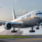 commercial aircraft during rotation phase of takeoff with nose wheel lifting off runway and main landing gear still on ground showing critical flight moment