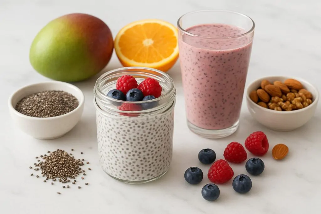 healthy chia seed pudding and smoothie preparations with fresh fruits and natural ingredients displayed on marble surface