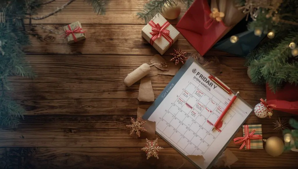 organized christmas shopping scene with colorful gift bags, wrapped presents, and planning calendar showing friday timeline on wooden table