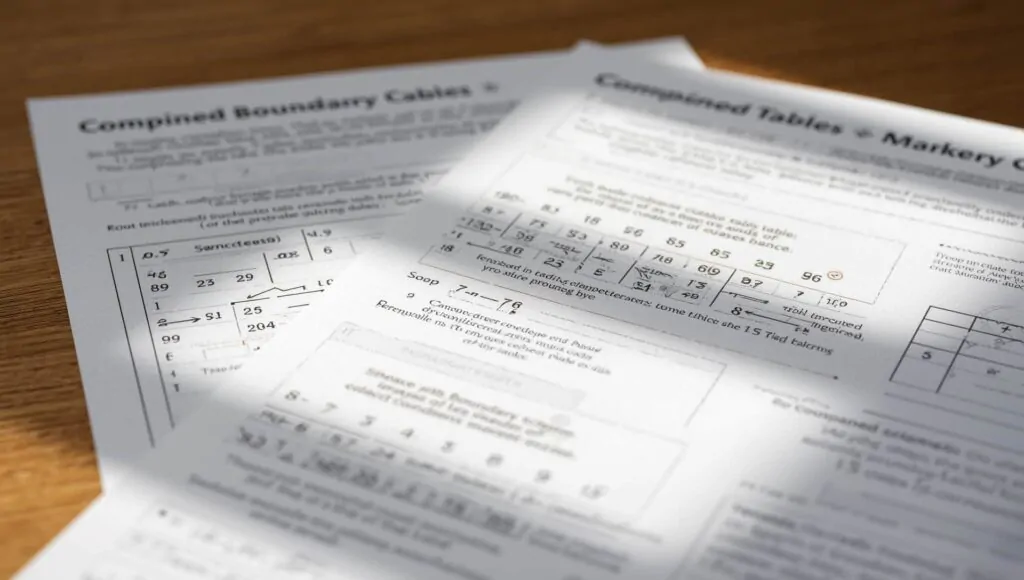 grade boundary table and marking scheme documents for combined science gcse showing grade combinations and assessment criteria on wooden desk