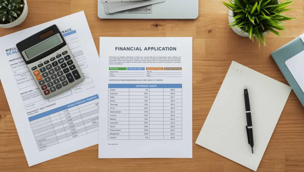 financial calculator with mortgage documents, down payment savings chart, and interest rate comparison sheets on wooden desk with pen