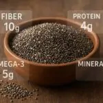 bowl of organic chia seeds with nutritional information overlay showing fiber, protein, and omega-3 content on wooden background
