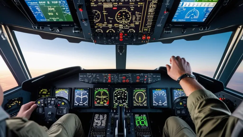 pilot cockpit view during takeoff showing flight instruments with airspeed indicator displaying rotation speed and hands on flight controls