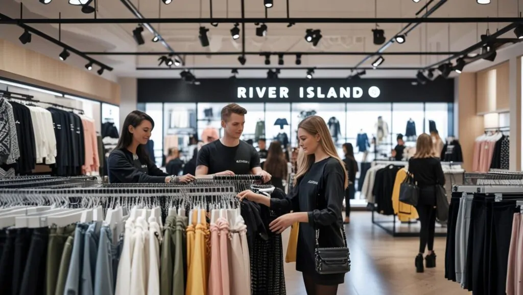 river island employees serving customers inside busy store during normal trading operations before closure announcement