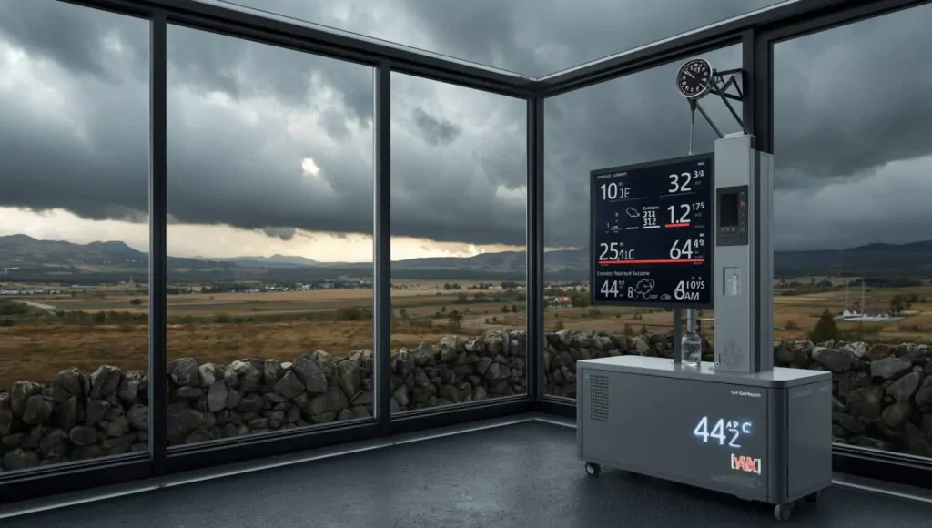 scottish weather monitoring station showing temperature readings and approaching storm system with meteorological equipment visible
