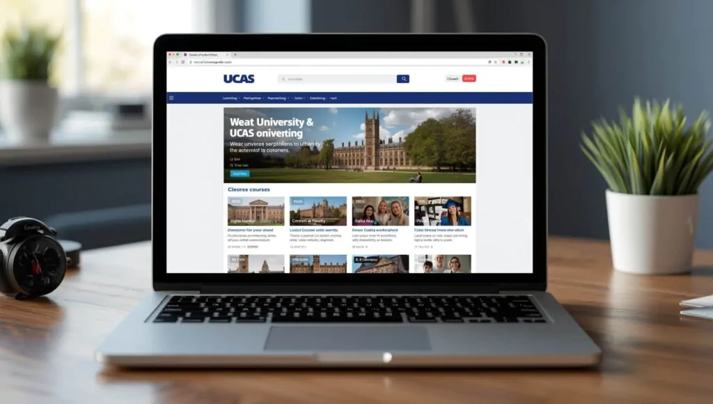 ucas clearing website interface displayed on laptop screen showing available university courses and clearing options for 2025 applicants