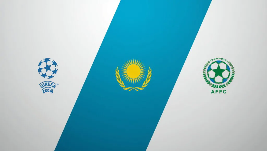 uefa and afc confederation logos with kazakhstan national flag in center illustrating the 2002 football federation switch