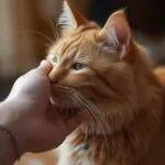 orange tabby cat gently headbutting owner's outstretched hand in cozy living room setting showing affectionate bonding behavior