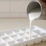 fresh coconut milk being carefully poured into ice cube trays for portion controlled freezing with kitchen counter background