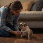concerned pet owner kneeling beside small trembling dog on living room floor, showing caring interaction and observation of shaking behavior