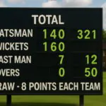 county cricket scoreboard showing draw result eight points each team