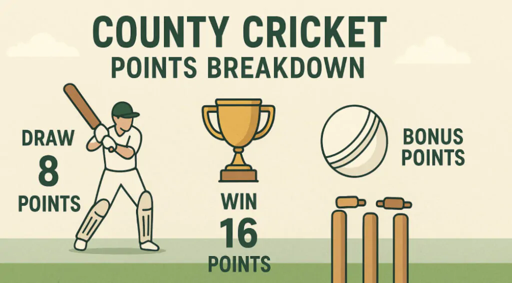 county cricket points system infographic showing draw win bonus points breakdown