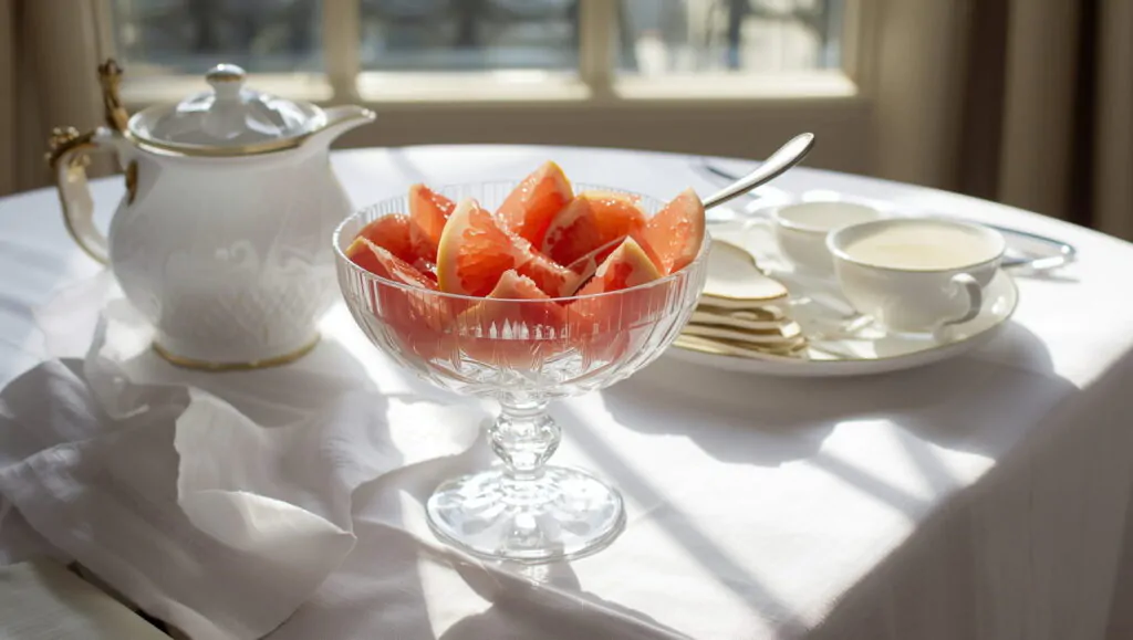 elegant French breakfast table setting with sliced pamplemousse grapefruit segments served in crystal bowl with silver spoon