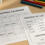 festive Christmas countdown calendar showing weeks remaining until December 25th with holiday decorations and planning checklist items