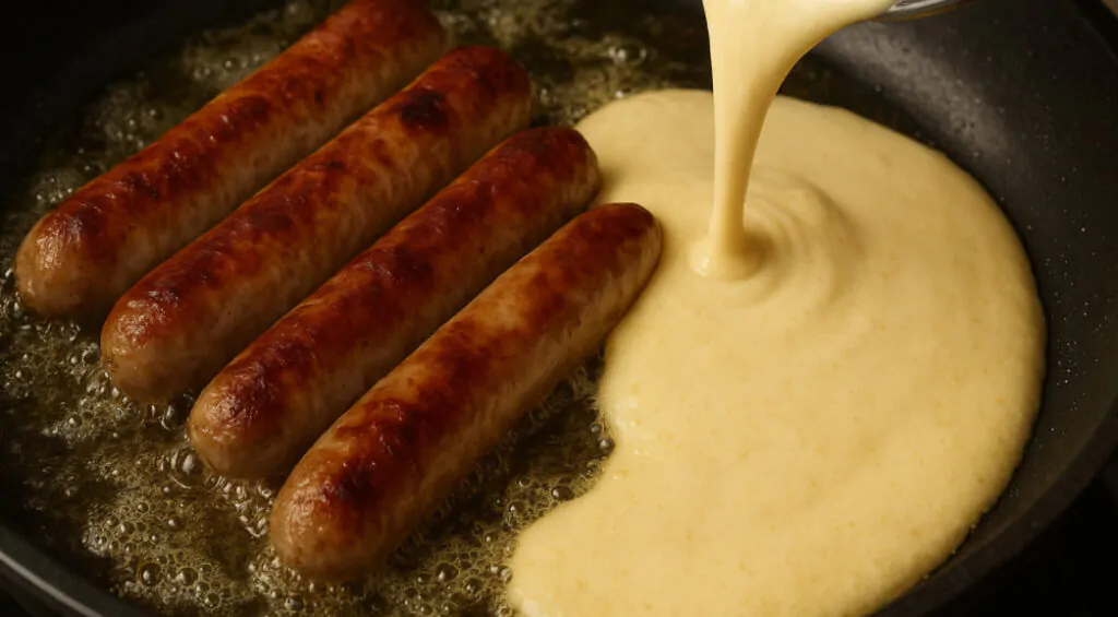 step by step toad in the hole preparation showing sausages in hot oil before Yorkshire pudding batter is poured around them