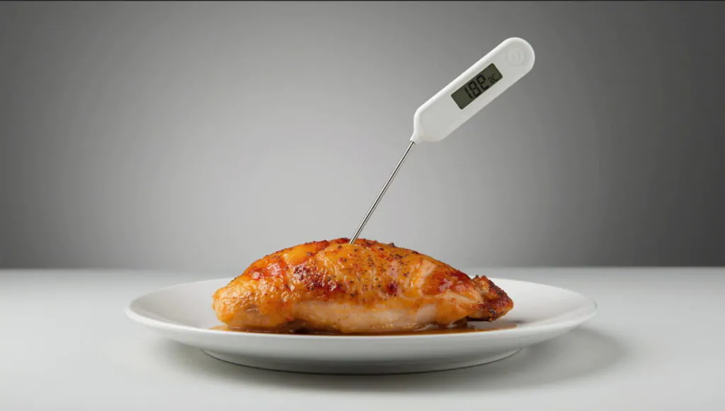 golden brown cooked chicken breast being checked with digital meat thermometer showing proper internal temperature