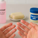 hands with super glue accident showing various household removal items including acetone nail polish remover and soap on counter