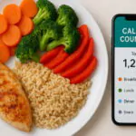 healthy balanced meal with calorie counting app daily nutrition planning