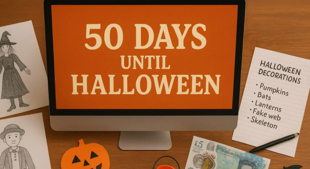 planner with weeks to halloween and travel tickets on desk