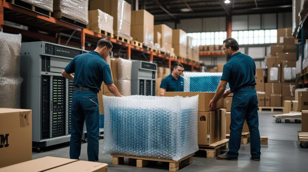 imb computer equipment being carefully packed with early bubble wrap in 1960s warehouse showing first commercial packaging use