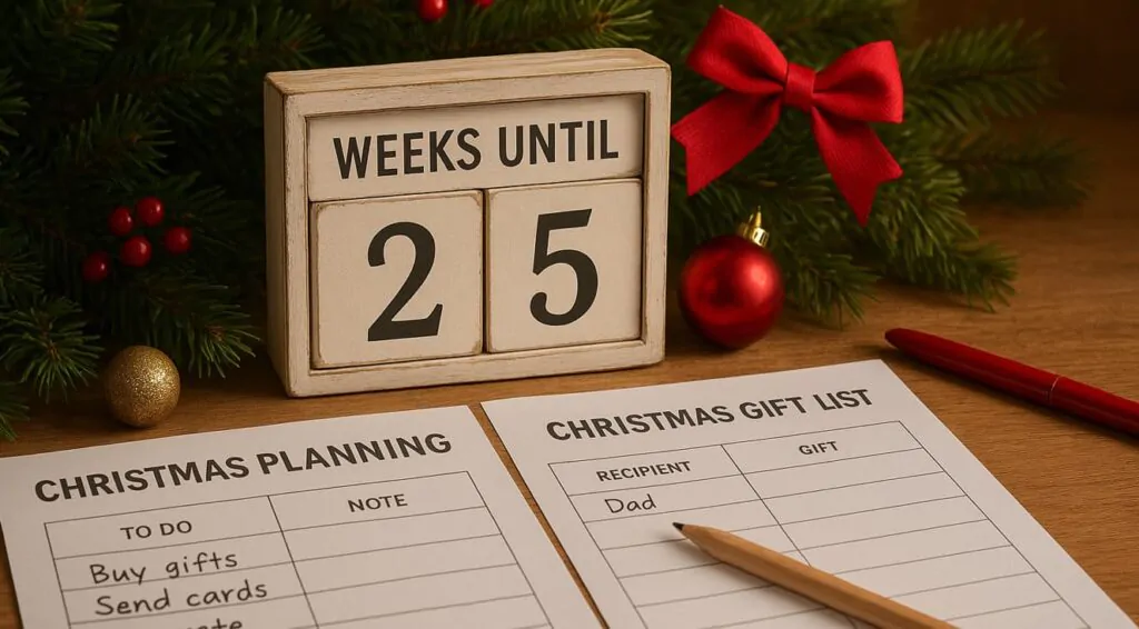 organized Christmas planning workspace with calendar marked for weeks until Christmas, gift lists, and budget spreadsheets on desk