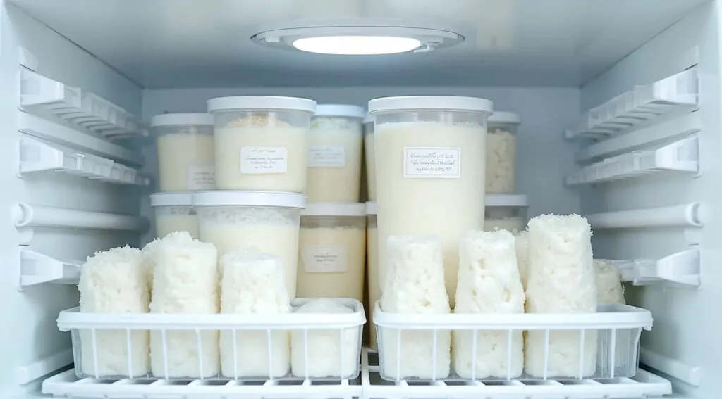 well organized freezer showing properly labeled frozen coconut milk containers and ice cube trays with dates