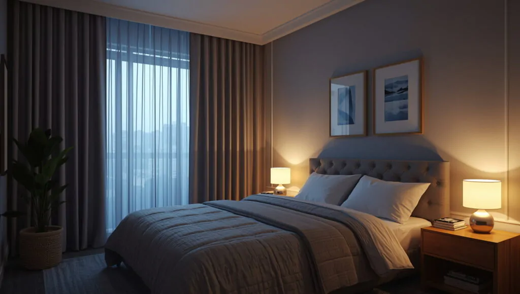 peaceful bedroom with optimal sleep conditions including blackout curtains cool temperature and comfortable bedding setup