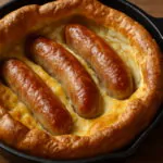traditional toad in the hole dish showing golden Yorkshire pudding batter with sausages partially visible creating the toad like appearance
