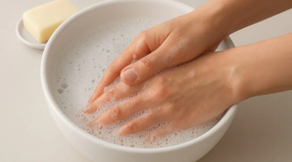 step by step super glue removal process showing hands soaking in soapy water bowl with gentle rubbing technique