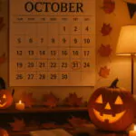 uk calendar showing days left to halloween with cosy decor