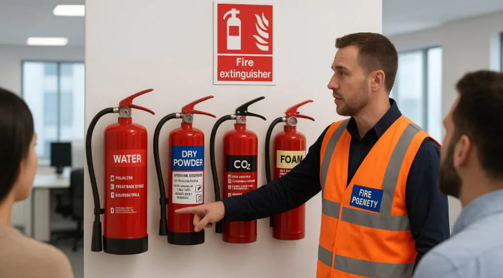 uk workplace fire extinguisher colour coding training blue panel