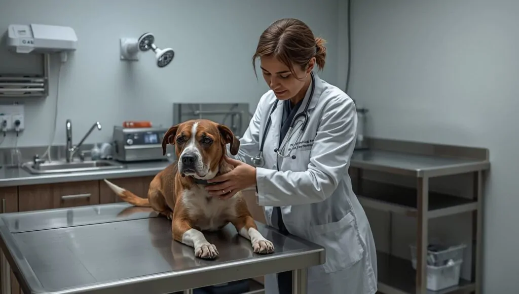professional veterinarian in white coat examining shaking dog on examination table with stethoscope and medical equipment visible
