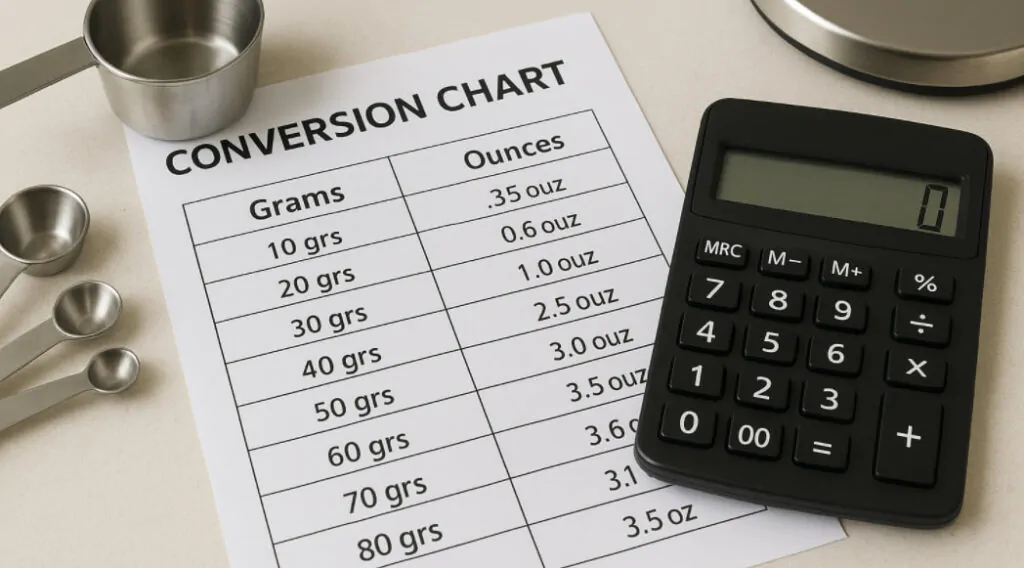 weight conversion reference chart showing grams to ounce calculations with calculator and measurement tools